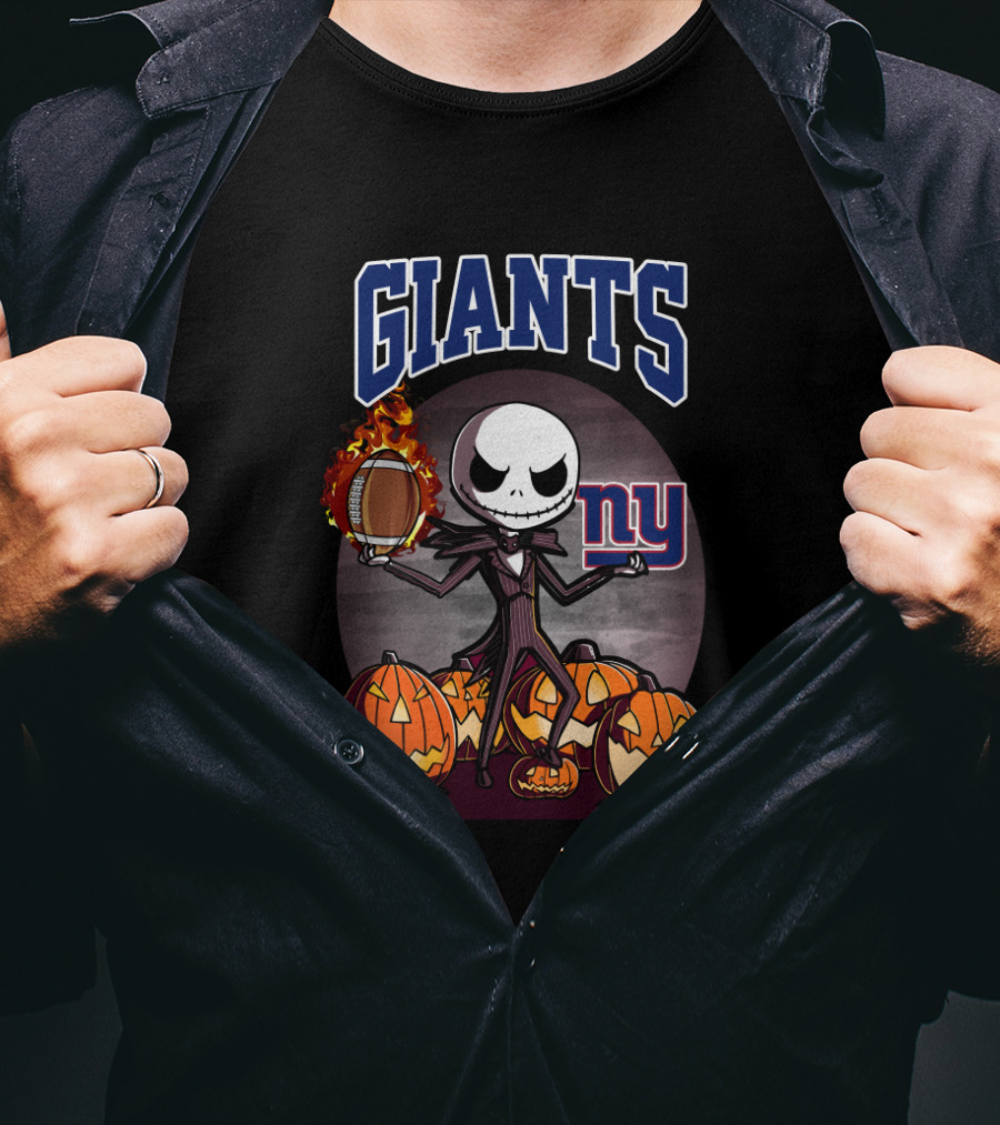 New York Giants Halloween Jack Skellington With Pumpkins And Flaming Football T-Shirt
