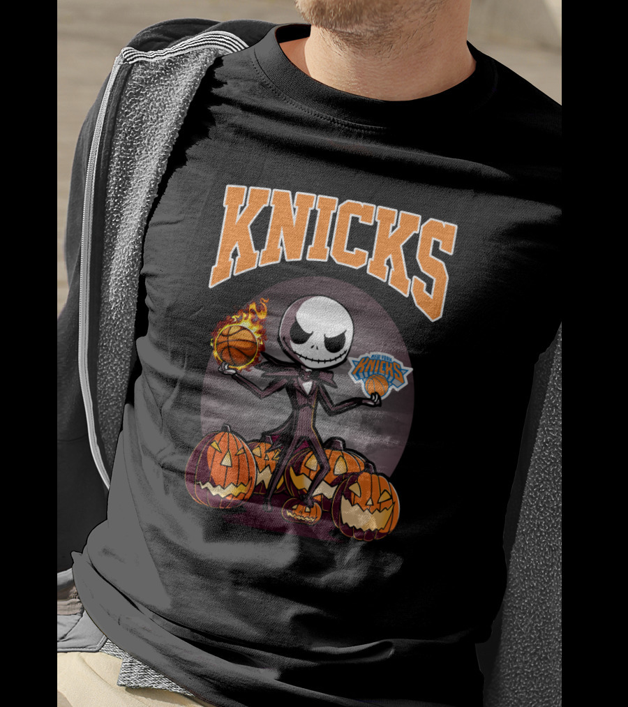 Knicks Jack Skellington Halloween Basketball With Pumpkins T-Shirt