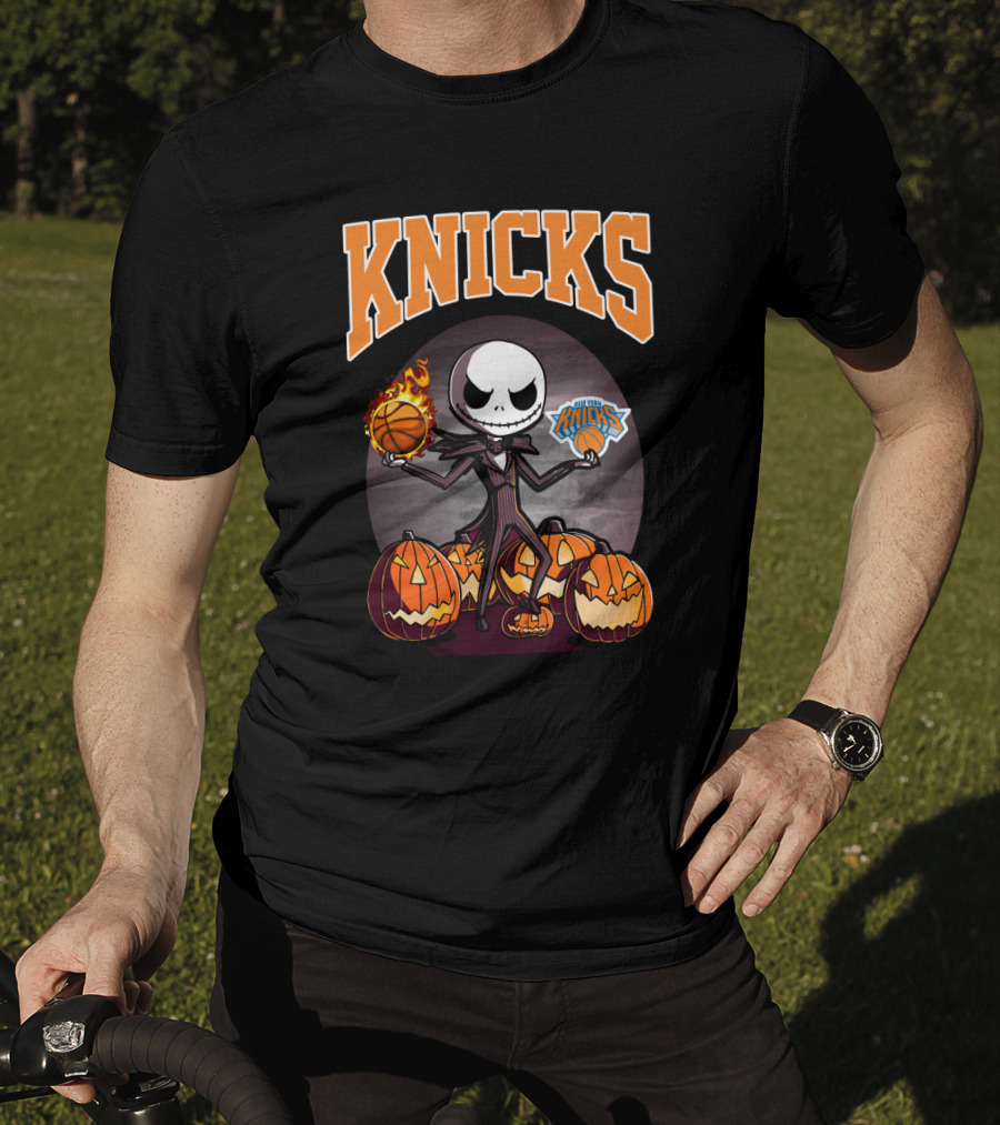 Knicks Jack Skellington Halloween Basketball With Pumpkins T-Shirt