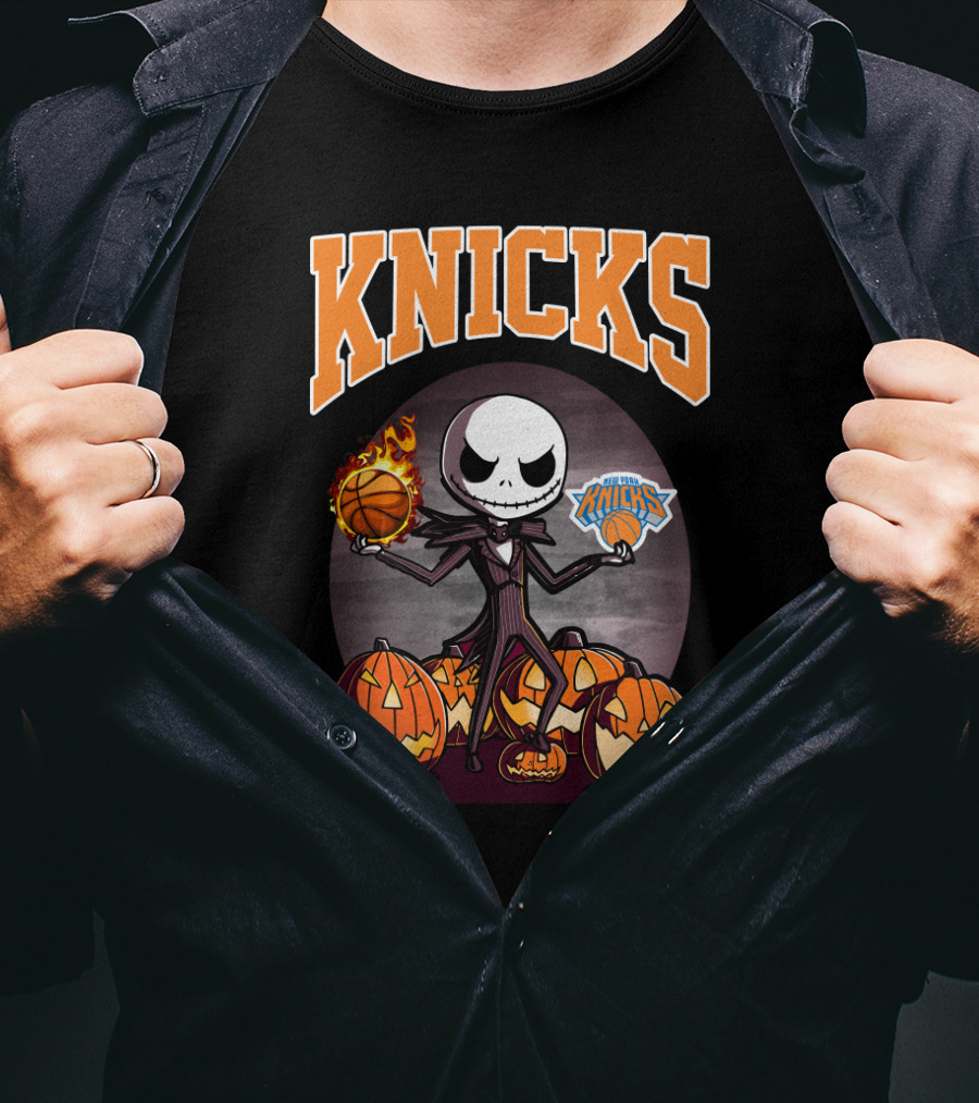 Knicks Jack Skellington Halloween Basketball With Pumpkins T-Shirt