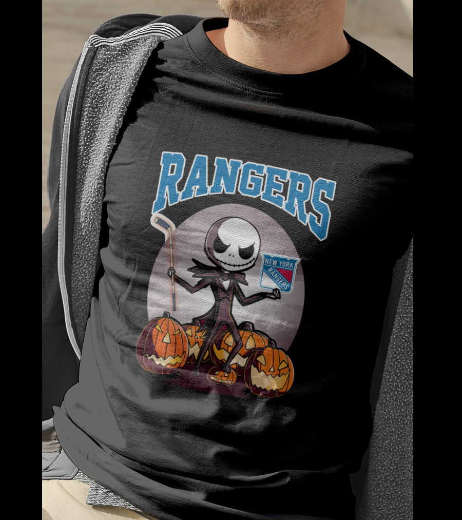New York Rangers Jack Skellington Halloween Holding Hockey Stick With Pumpkins T-Shirt