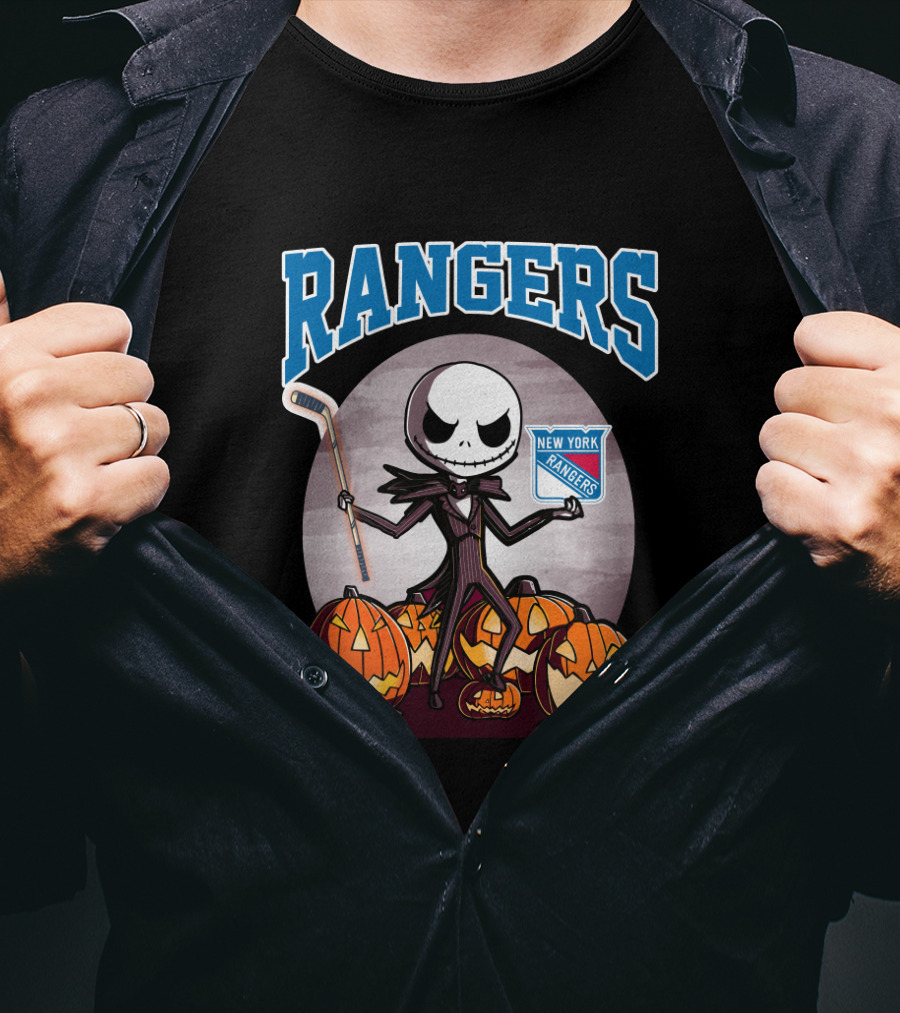 New York Rangers Jack Skellington Halloween Holding Hockey Stick With Pumpkins T-Shirt