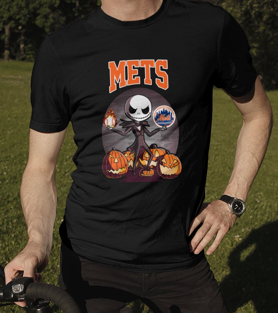 Jack Skellington Halloween New York Mets Pumpkin Baseball T-Shirt