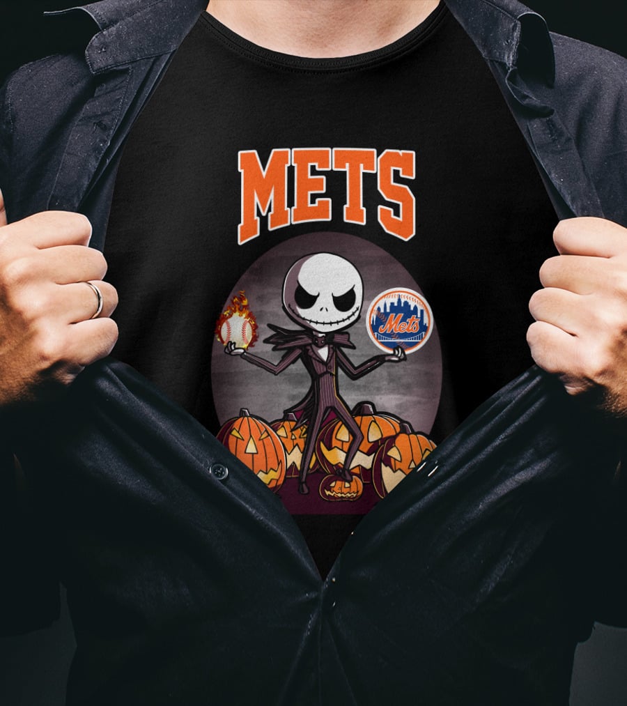 Jack Skellington Halloween New York Mets Pumpkin Baseball T-Shirt