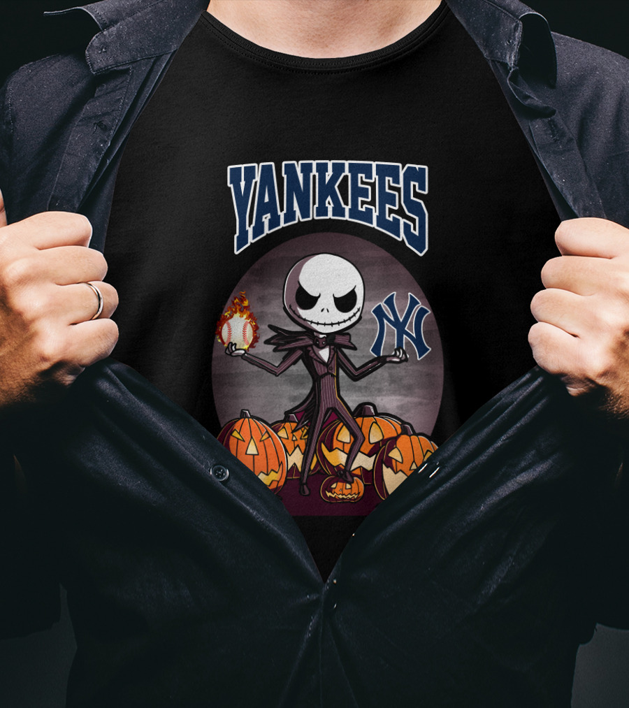 Yankees Jack Skellington Halloween With Pumpkins And Baseball T-Shirt