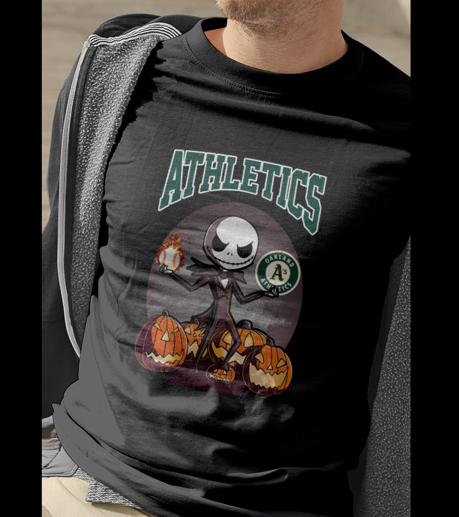 Athletics Jack Skellington With Oakland A's Logo And Halloween Pumpkins T-Shirt