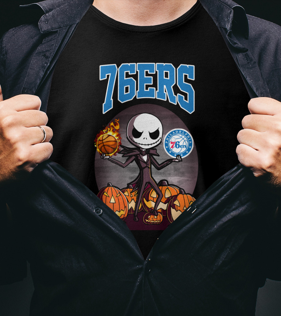 Philadelphia 76ers Jack Skellington Halloween Basketball Pumpkins T-Shirt