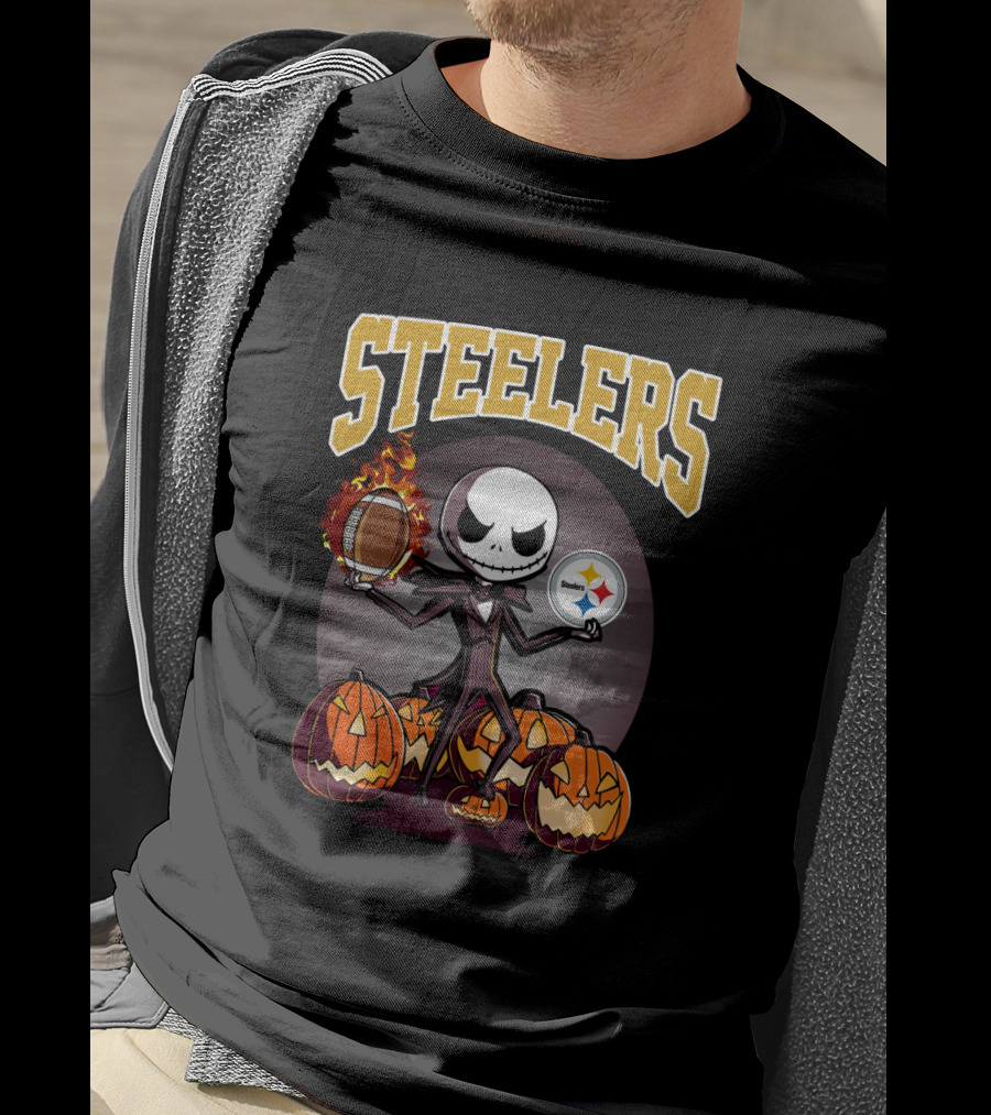 Steelers Jack Skellington Halloween Pumpkins Flaming Football Logos T-Shirt