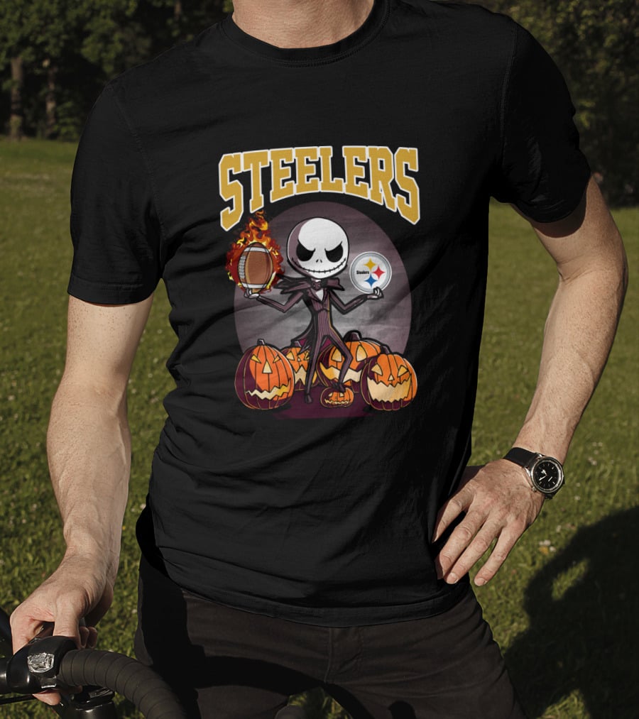 Steelers Jack Skellington Halloween Pumpkins Flaming Football Logos T-Shirt