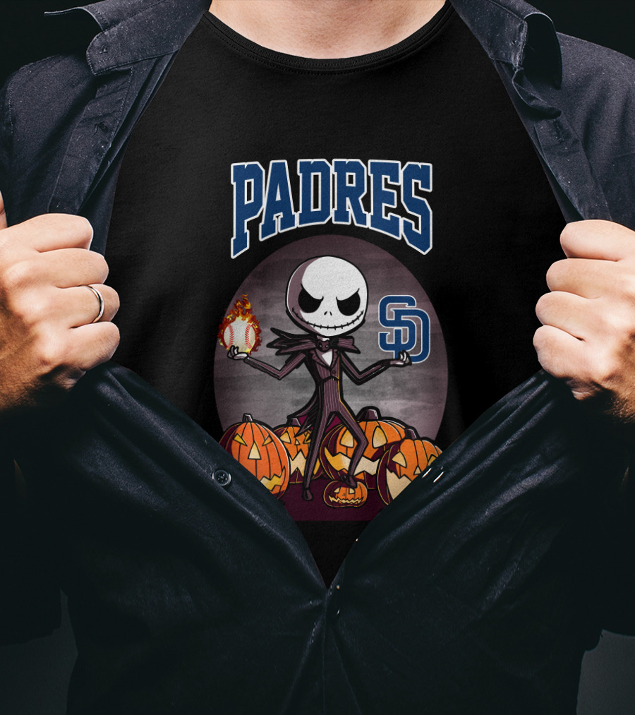 Jack Skellington With San Diego Padres Baseball And Halloween Pumpkins T-Shirt