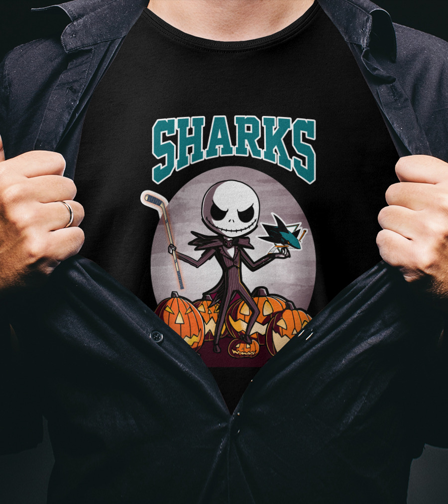 Jack Skellington San Jose Sharks Halloween Hockey Pumpkins T-Shirt