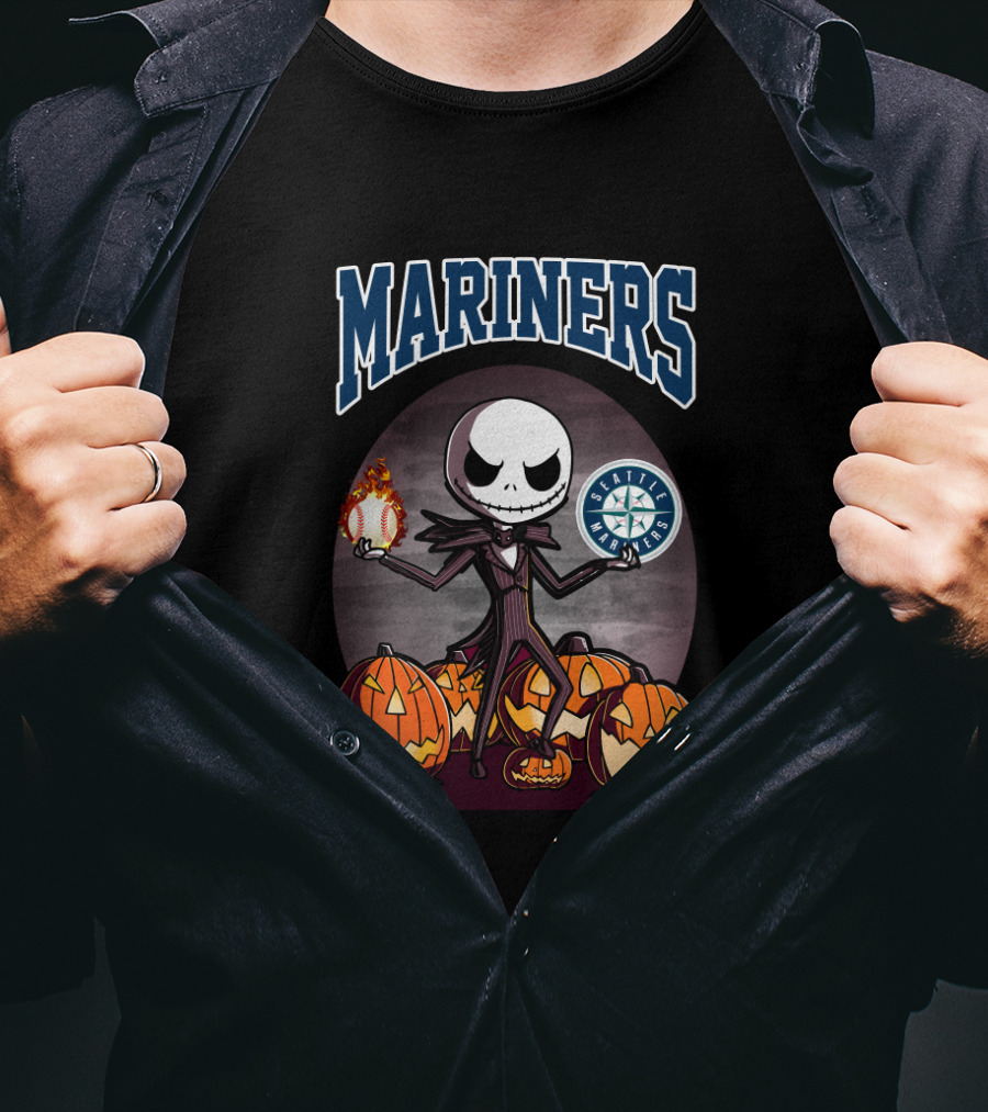 Mariners Jack Skellington Seattle Halloween Baseball And Pumpkins T-Shirt