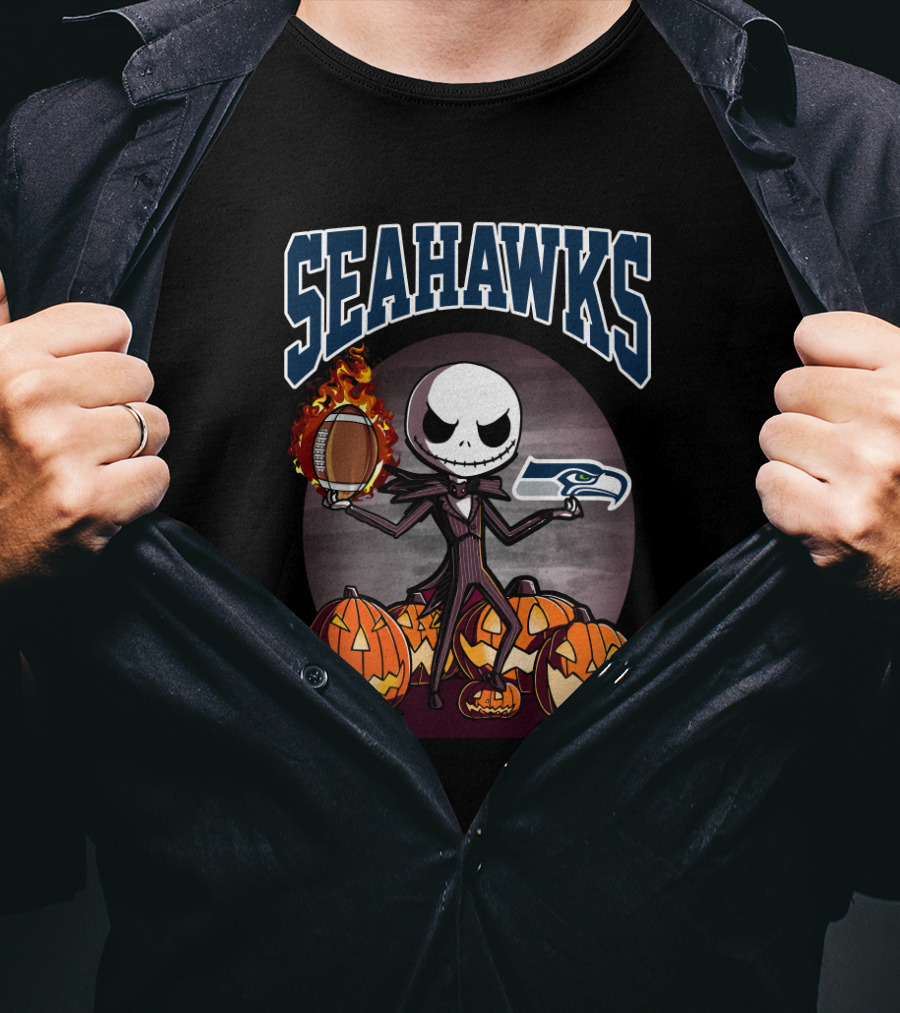 Seahawks Halloween Jack Skellington Football Pumpkins T-Shirt