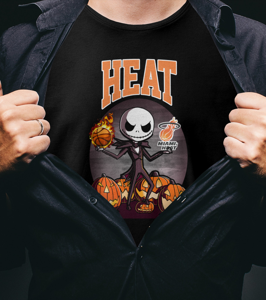Jack Skellington Halloween Miami Heat Basketball And Pumpkins T-Shirt