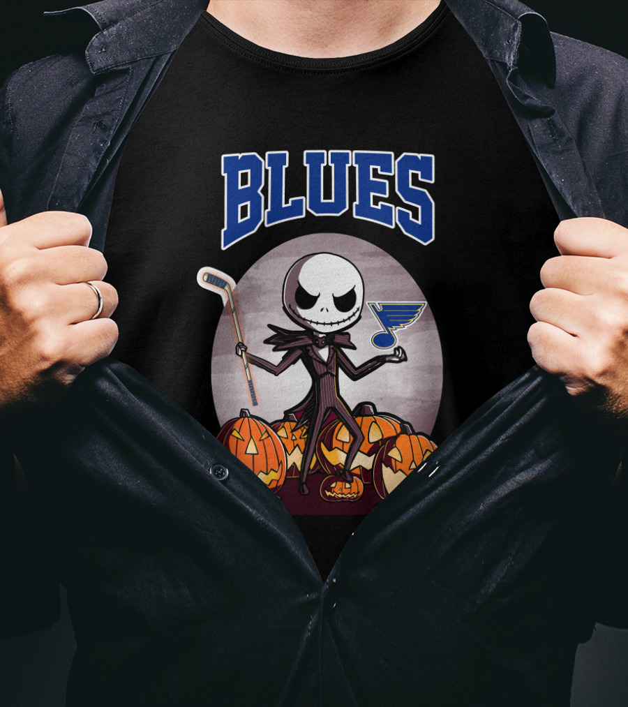 St. Louis Blues With Halloween Jack Skellington And Pumpkins T-Shirt
