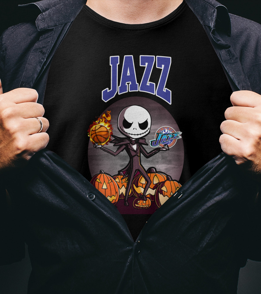 Jack Skellington Halloween Utah Jazz Logo Pumpkins Basketball Flamethrower Dual Image T-Shirt