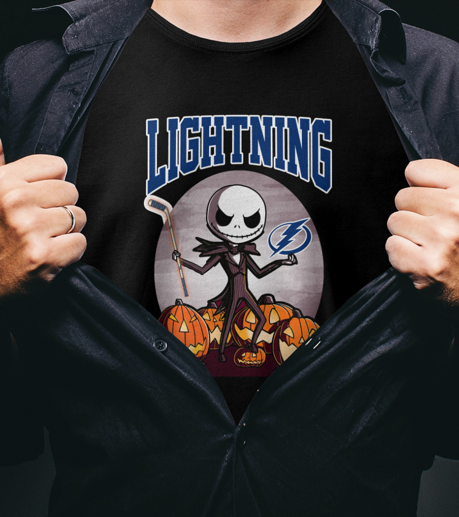 Jack Skellington Halloween Tampa Bay Lightning Hockey And Pumpkins T-Shirt