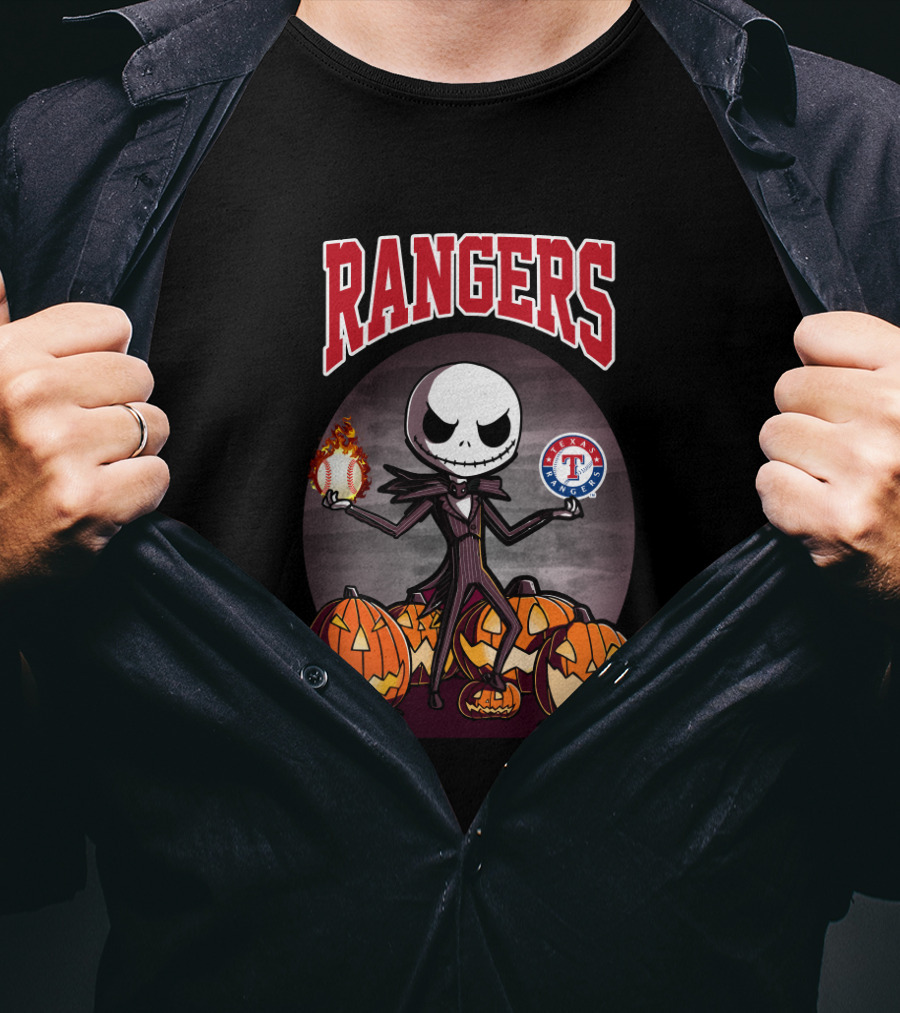 Rangers Jack Skellington Halloween With Texas Baseball Pumpkins T-Shirt