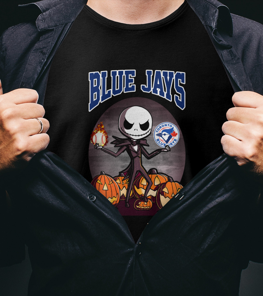 Jack Skellington Toronto Blue Jays Halloween With Pumpkins And Baseball T-Shirt