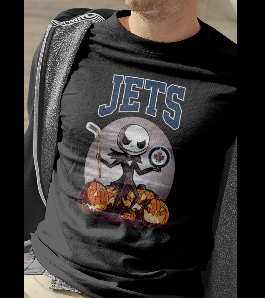 Jack Skellington Halloween Winnipeg Jets Hockey And Pumpkins T-Shirt