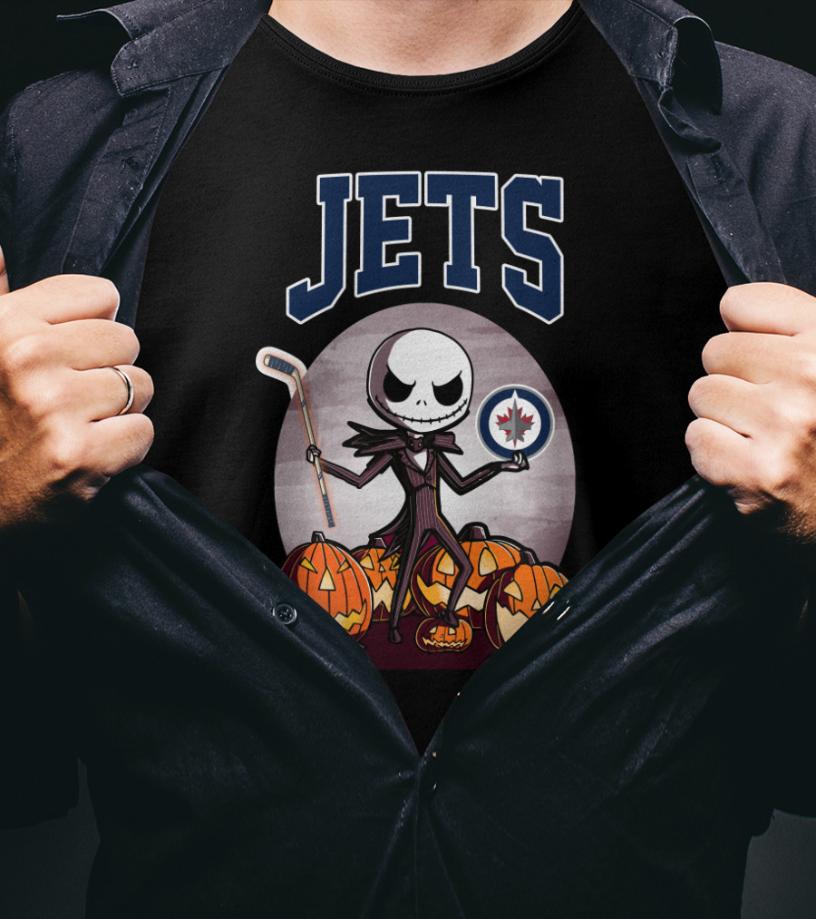 Jack Skellington Halloween Winnipeg Jets Hockey And Pumpkins T-Shirt