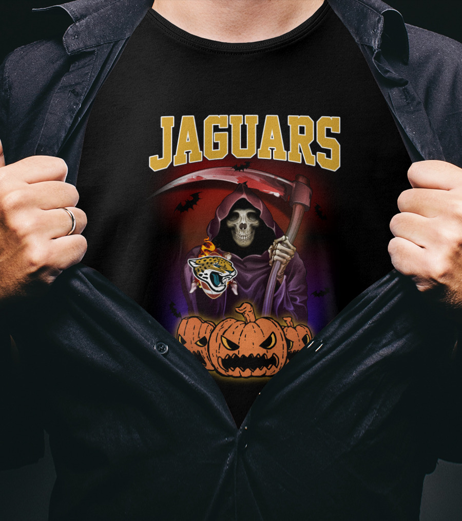Jaguars Grim Reaper With Scythe And Pumpkins Halloween T-Shirt