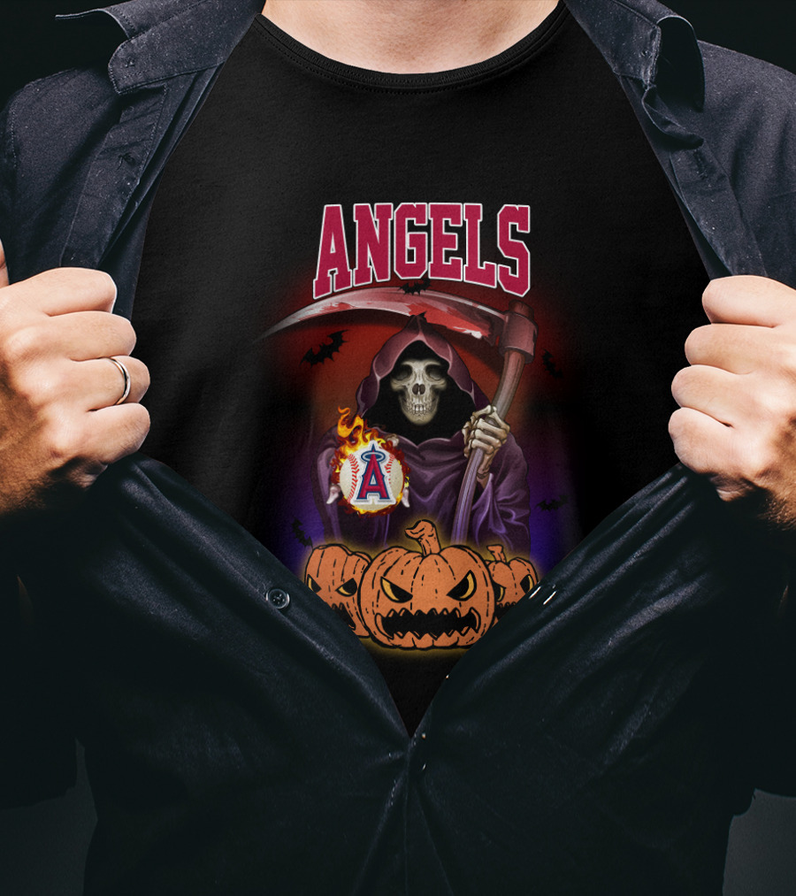 Angels Grim Reaper With Scythe And Halloween Pumpkins T-Shirt