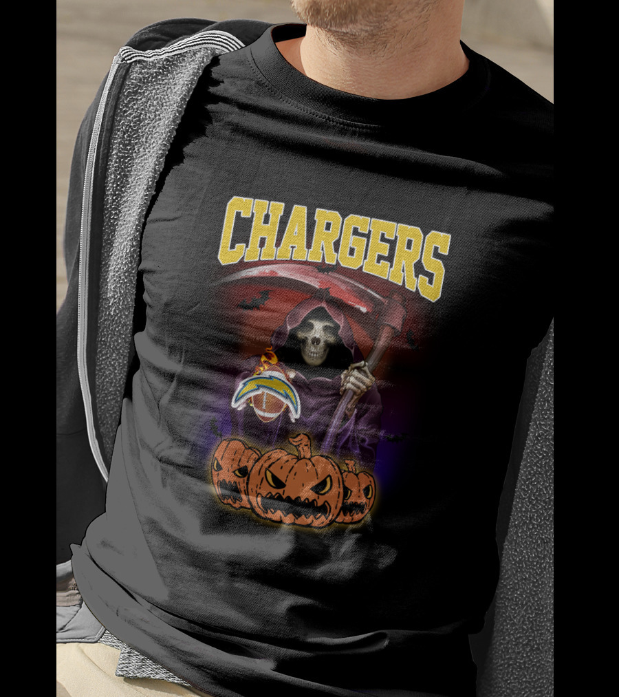 Chargers Grim Reaper With Pumpkins And Football Halloween T-Shirt
