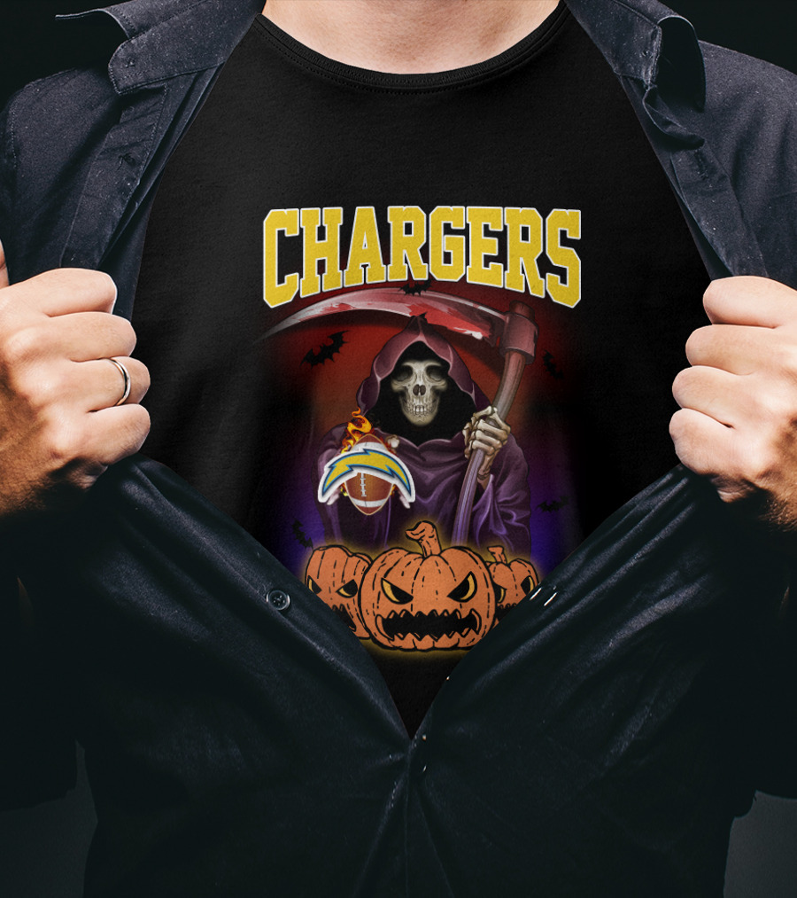 Chargers Grim Reaper With Pumpkins And Football Halloween T-Shirt