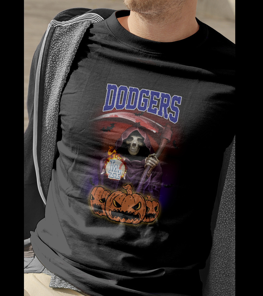 Dodgers Grim Reaper With LA Logo And Halloween Pumpkins T-Shirt