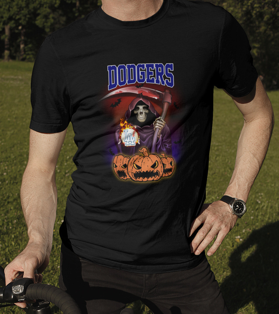 Dodgers Grim Reaper With LA Logo And Halloween Pumpkins T-Shirt