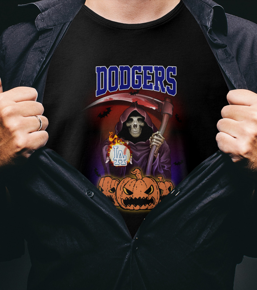 Dodgers Grim Reaper With LA Logo And Halloween Pumpkins T-Shirt