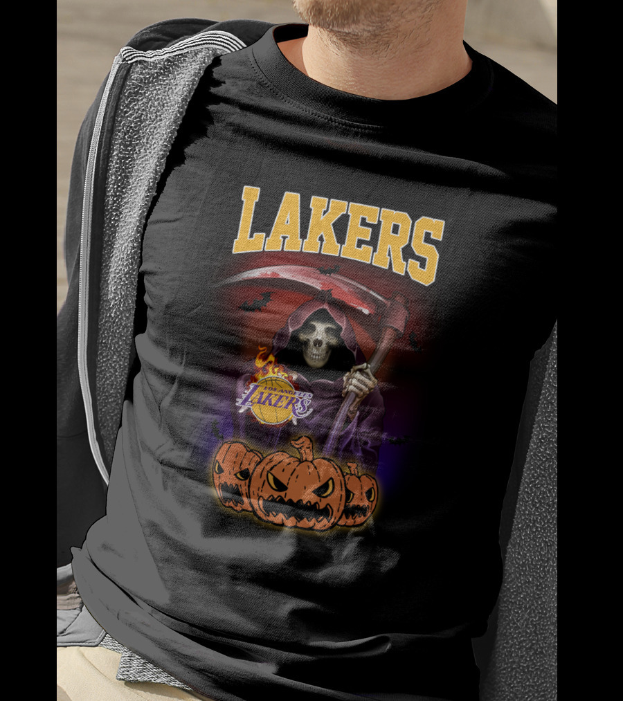 Los Angeles Lakers Reaper Skeleton With Pumpkins Halloween T-Shirt