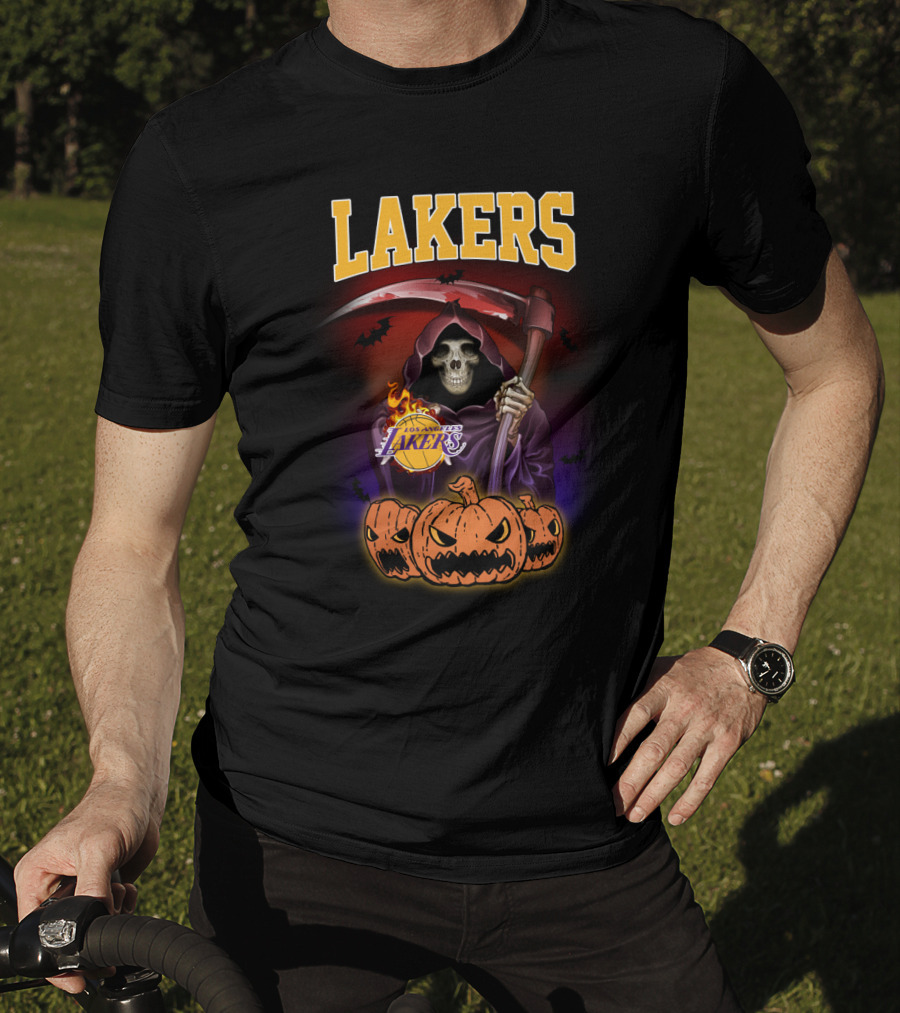 Los Angeles Lakers Reaper Skeleton With Pumpkins Halloween T-Shirt