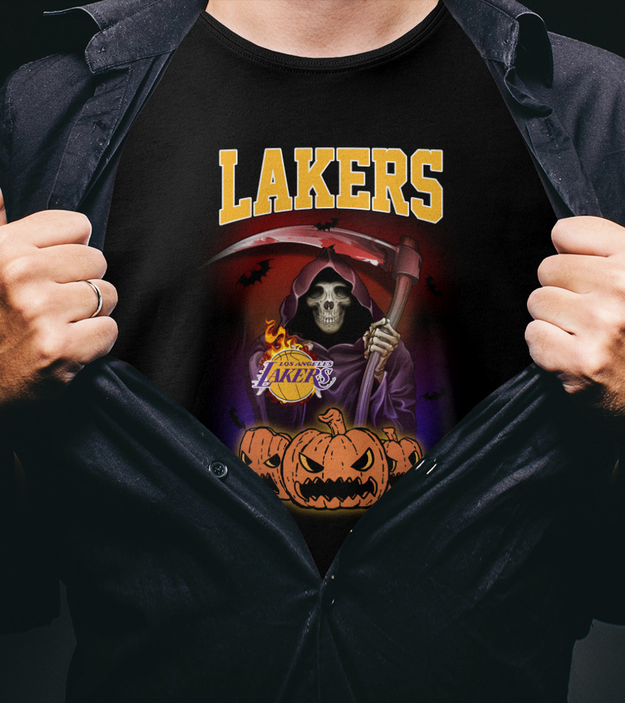 Los Angeles Lakers Reaper Skeleton With Pumpkins Halloween T-Shirt
