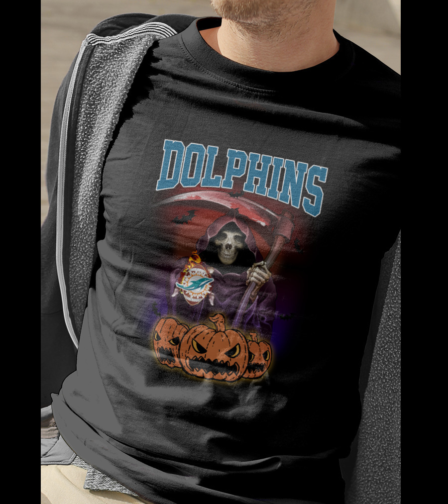 Miami Dolphins Grim Reaper With Scythe And Jack-o'-Lanterns T-Shirt