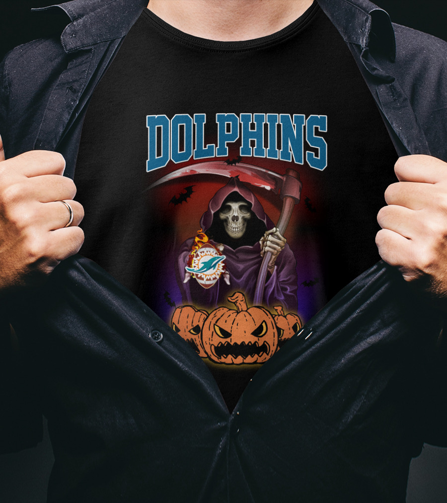 Miami Dolphins Grim Reaper With Scythe And Jack-o'-Lanterns T-Shirt