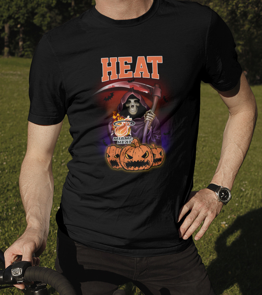 Miami Heat Reaper Halloween Theme With Pumpkins And Grim Scythe T-Shirt