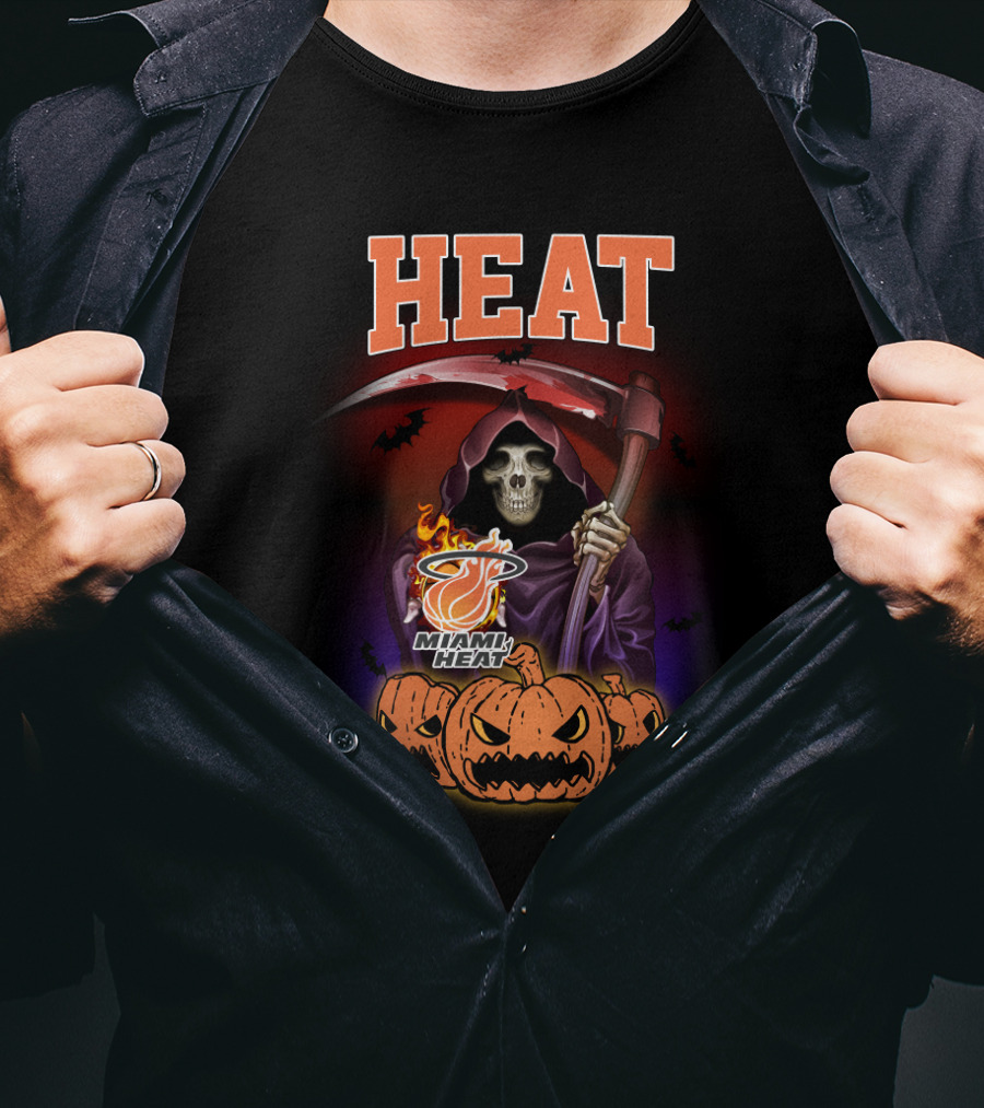 Miami Heat Reaper Halloween Theme With Pumpkins And Grim Scythe T-Shirt