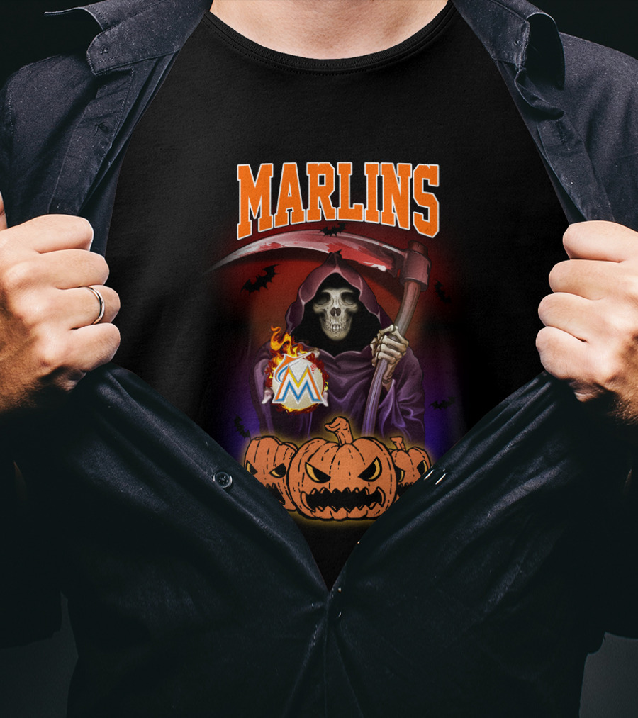 Miami Marlins Reaper With Scythe And Pumpkin Trio Halloween T-Shirt