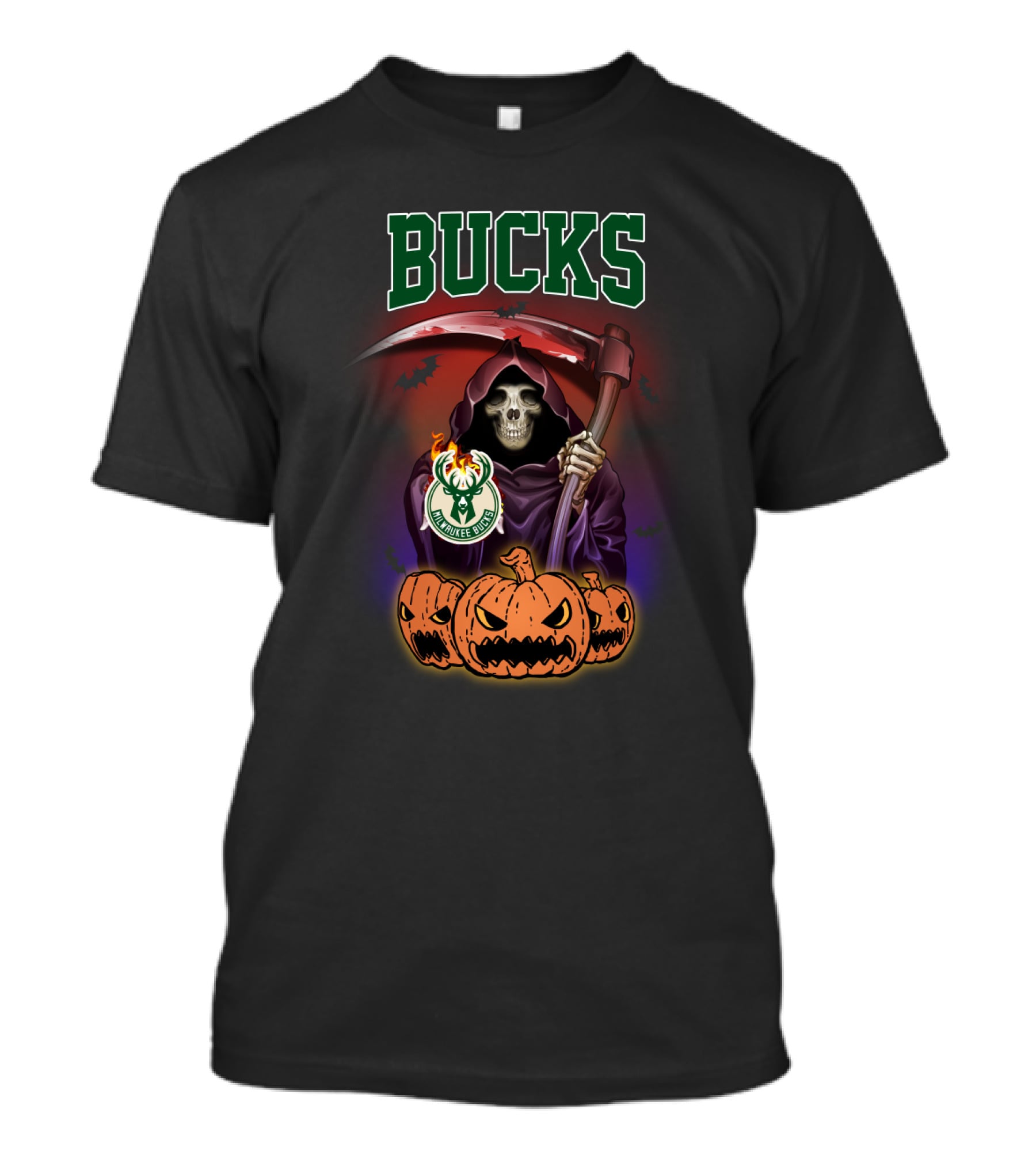 Milwaukee Bucks Reaper Skull With Scythe And Pumpkins T-Shirt