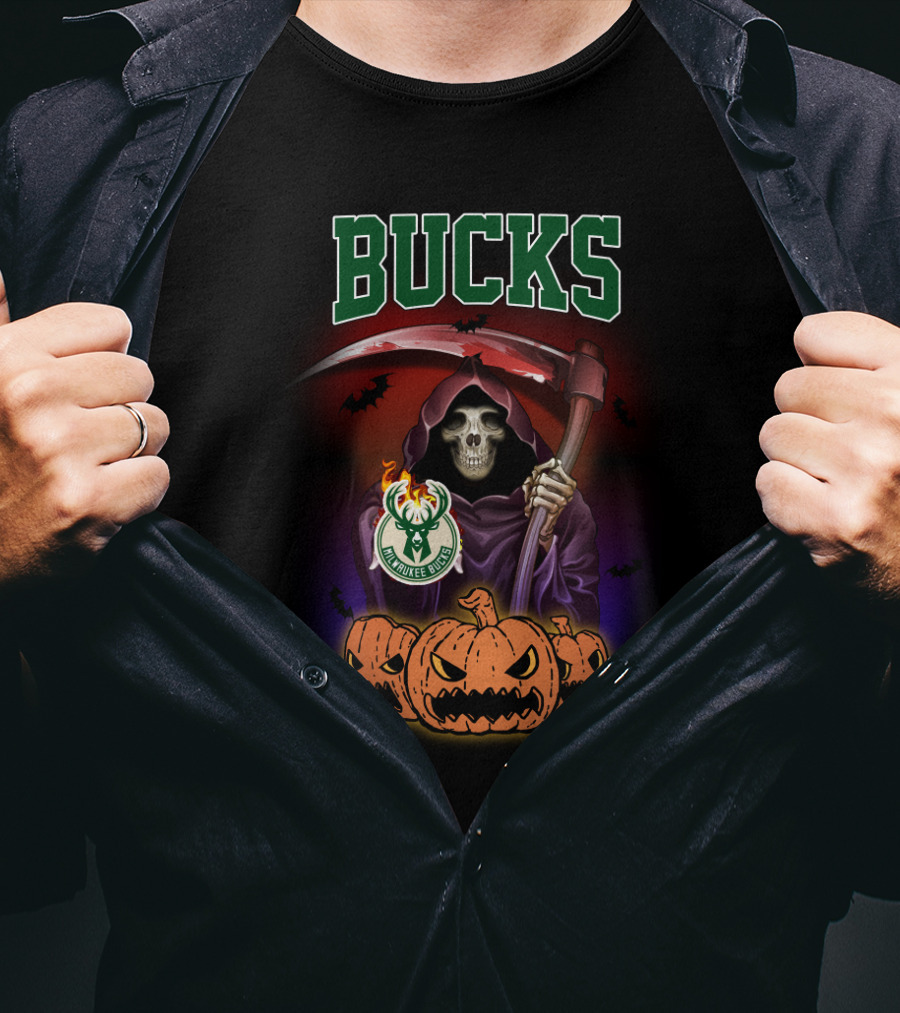 Milwaukee Bucks Reaper Skull With Scythe And Pumpkins T-Shirt