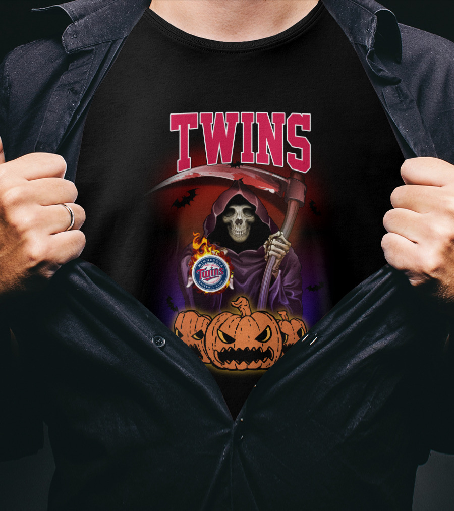 Twins Grim Reaper Halloween Scythe Pumpkins Minnesota Baseball T-Shirt