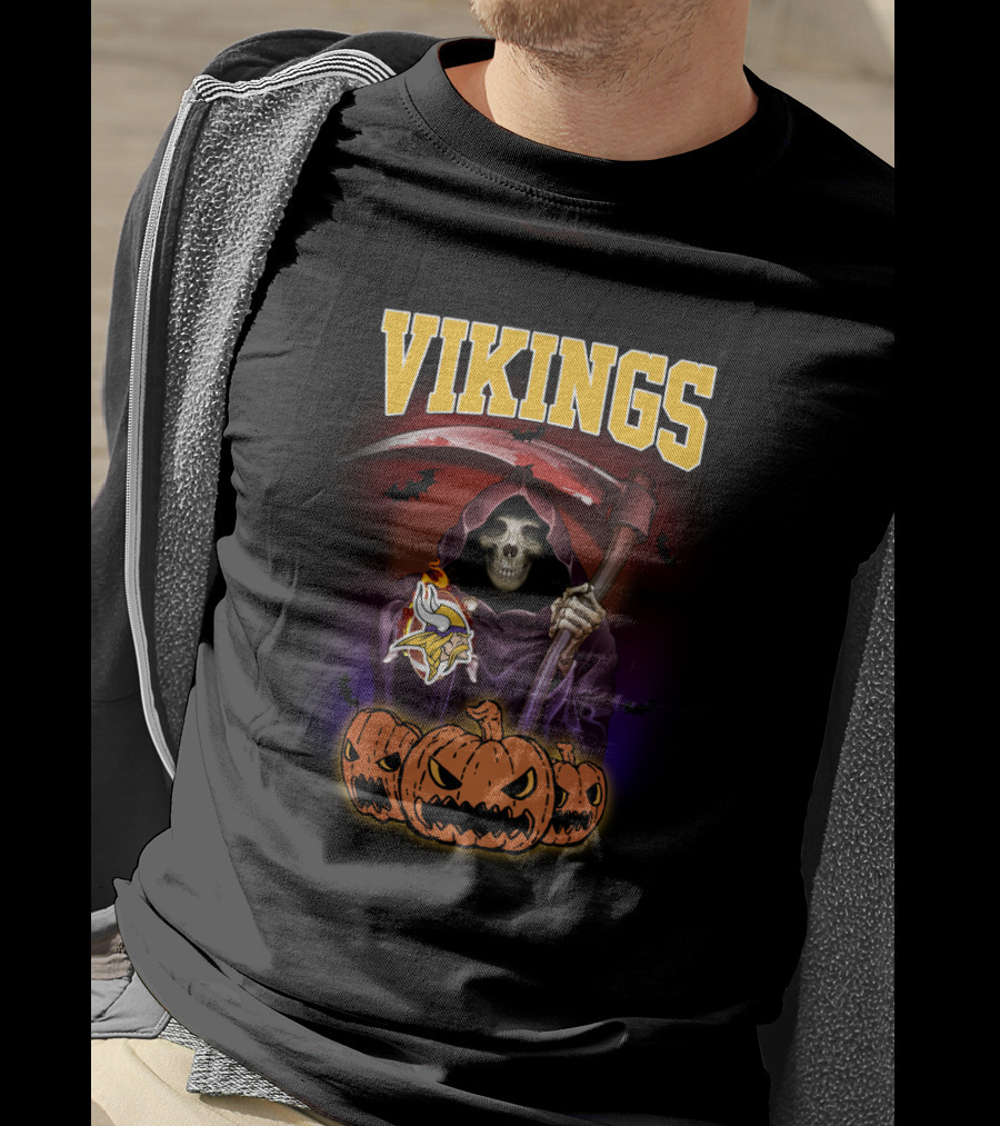 Vikings Halloween Grim Reaper With Scythe And Pumpkins Minnesota T-Shirt