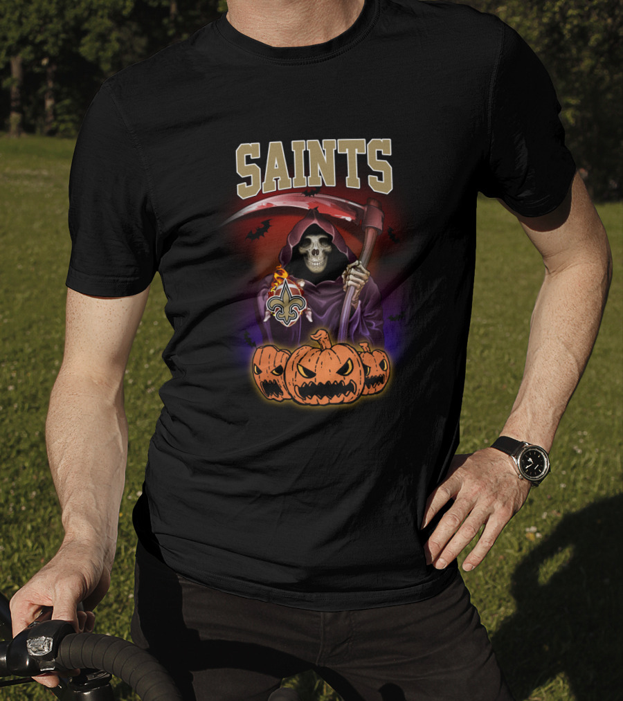 New Orleans Saints Reaper Holding Scythe With Pumpkins T-Shirt