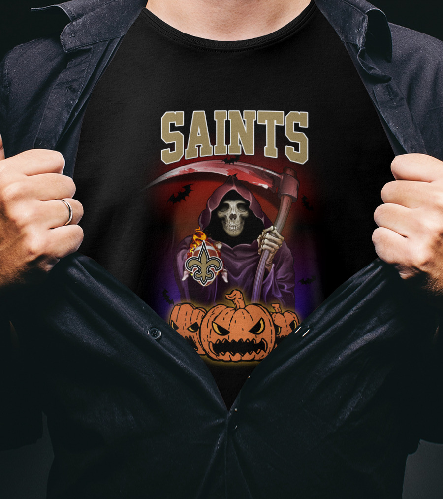 New Orleans Saints Reaper Holding Scythe With Pumpkins T-Shirt