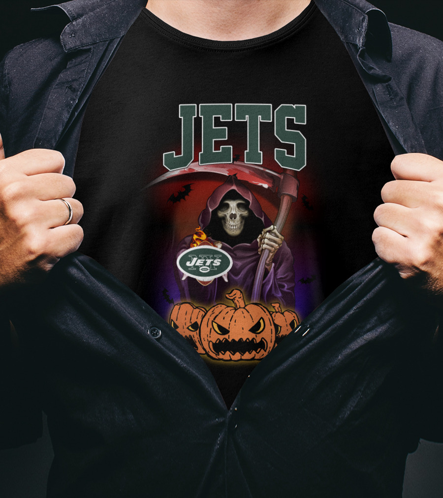 New York Jets Grim Reaper Halloween Theme With Pumpkins T-Shirt