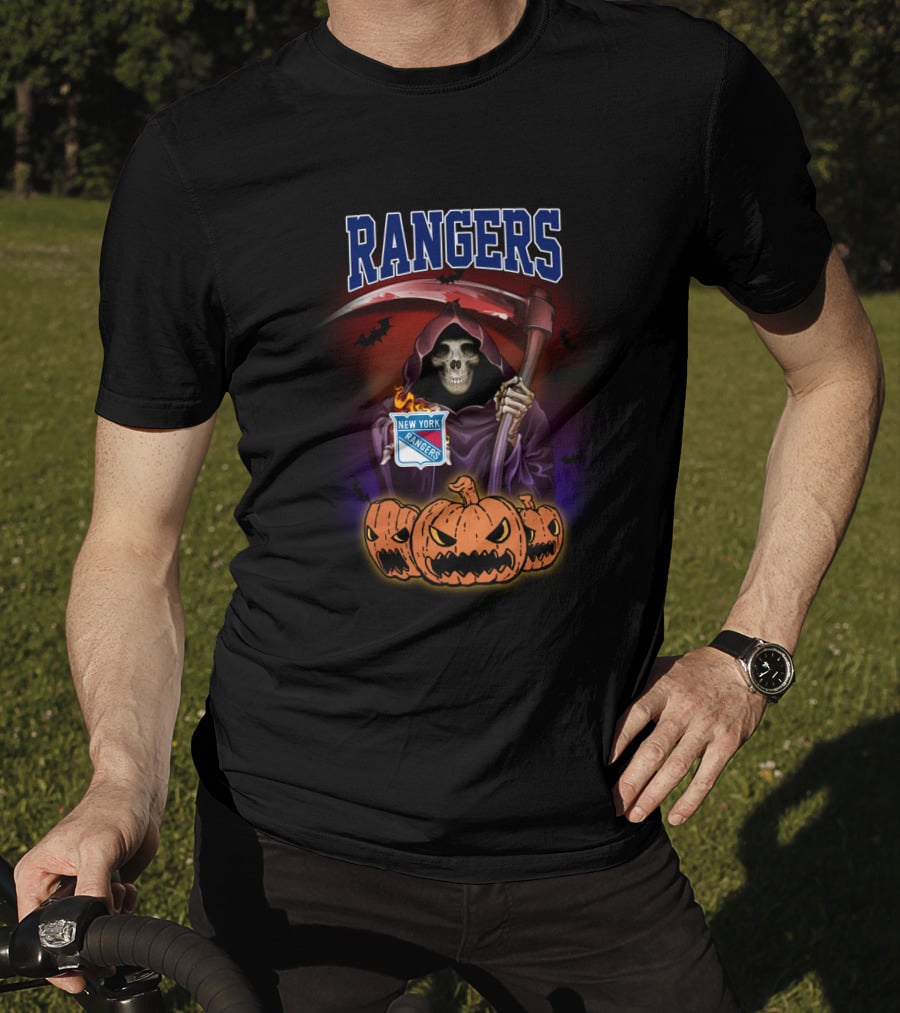 Rangers Grim Reaper Holding Scythe With New York Rangers Logo And Halloween Pumpkins T-Shirt