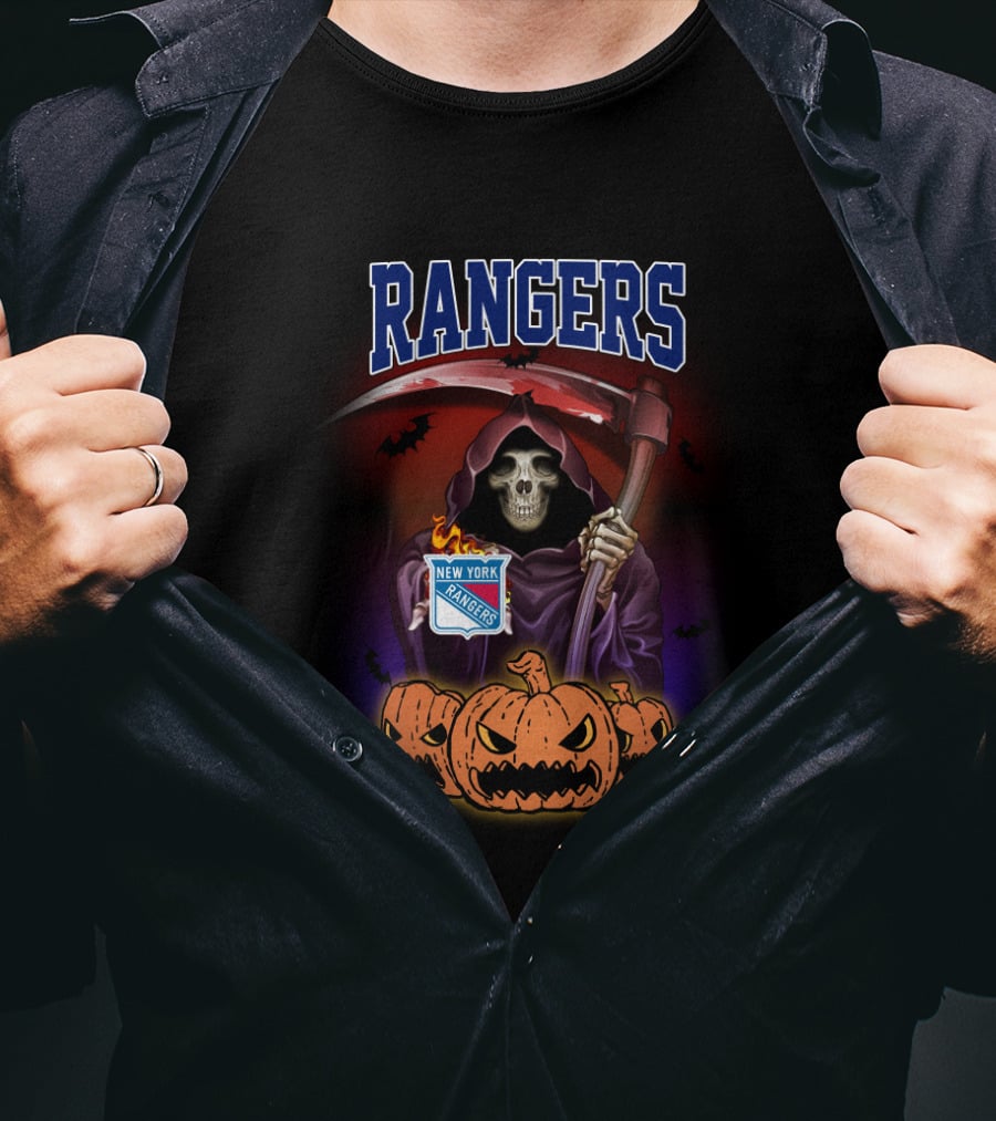 Rangers Grim Reaper Holding Scythe With New York Rangers Logo And Halloween Pumpkins T-Shirt