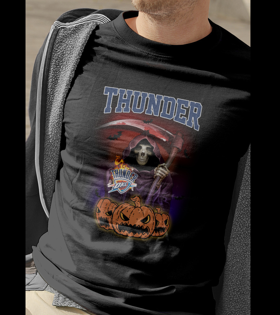 Oklahoma City Thunder Grim Reaper Halloween Theme With Pumpkins And Scythe T-Shirt